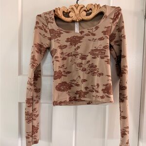 Altar'd State Beige and Rust Floral Long Sleeve Crop Top